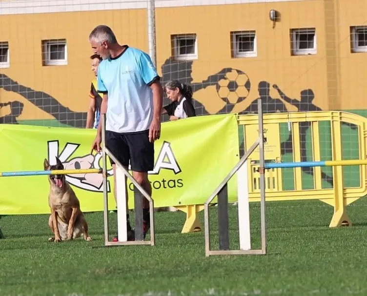 Man and dog at agility competition with "KOALA" banner