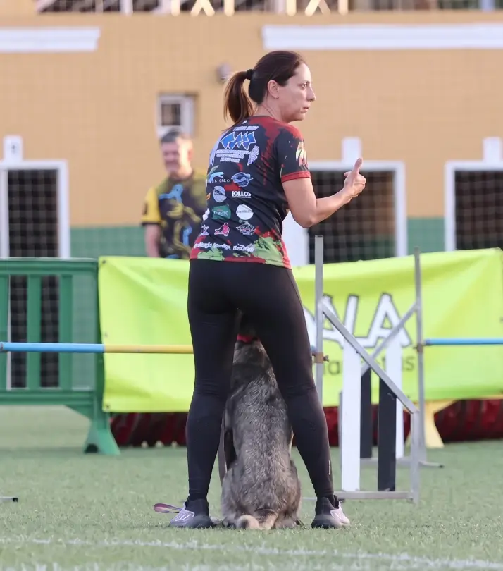 Woman training a dog for agility competition